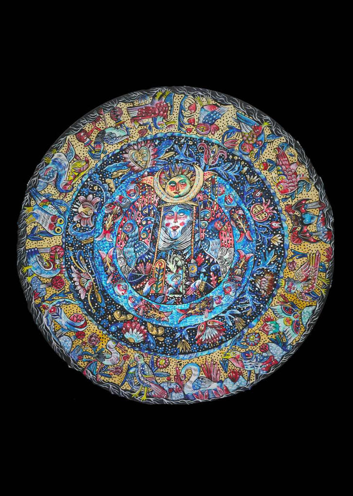 Hildegarde Von Bingen, egg tempera, gold leaf, 100cm diameter, 2025