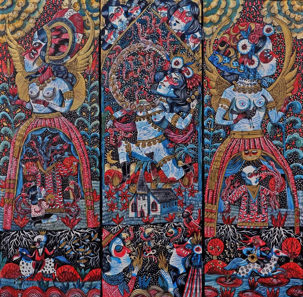 Snake Handlers, 120/120cm, acrylic, gold powder on canvas, 2017